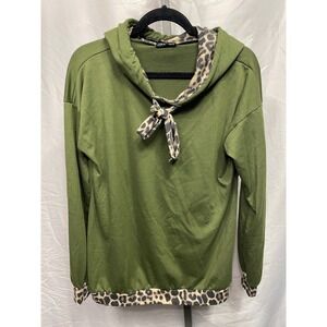 HEMISH Olive Green Leopard Print Trim Hoodie Women Casual Long Sleeve Tie Neck